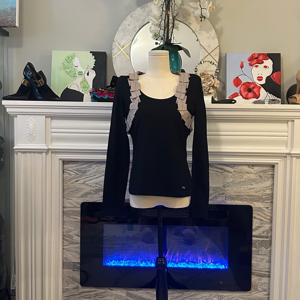 PAULE KA Black Top with taupe ribbon detail size medium
